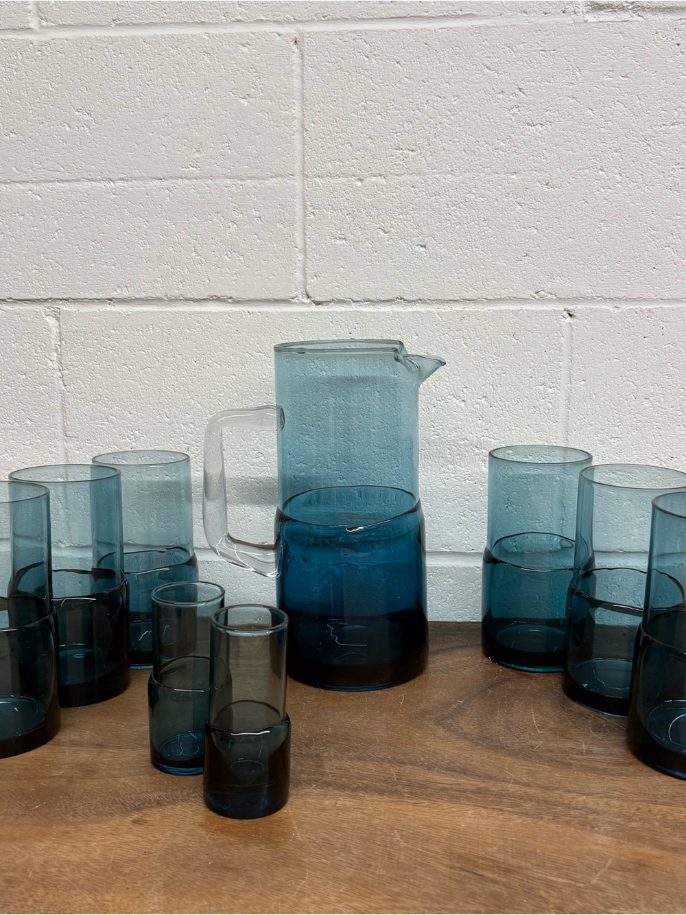 Pier 1 Teal Blue Double Dipped Glass Pitcher Tumblers Shot Glass Set